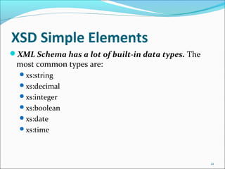 XSD Simple Elements
21
XML Schema has a lot of built-in data types. The
most common types are:
xs:string
xs:decimal
xs:integer
xs:boolean
xs:date
xs:time
 