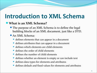 Introduction to XML Schema
What is an XML Schema?
The purpose of an XML Schema is to define the legal
building blocks of an XML document, just like a DTD.
An XML Schema:
 defines elements that can appear in a document
 defines attributes that can appear in a document
 defines which elements are child elements
 defines the order of child elements
 defines the number of child elements
 defines whether an element is empty or can include text
 defines data types for elements and attributes
 defines default and fixed values for elements and attributes
5
 