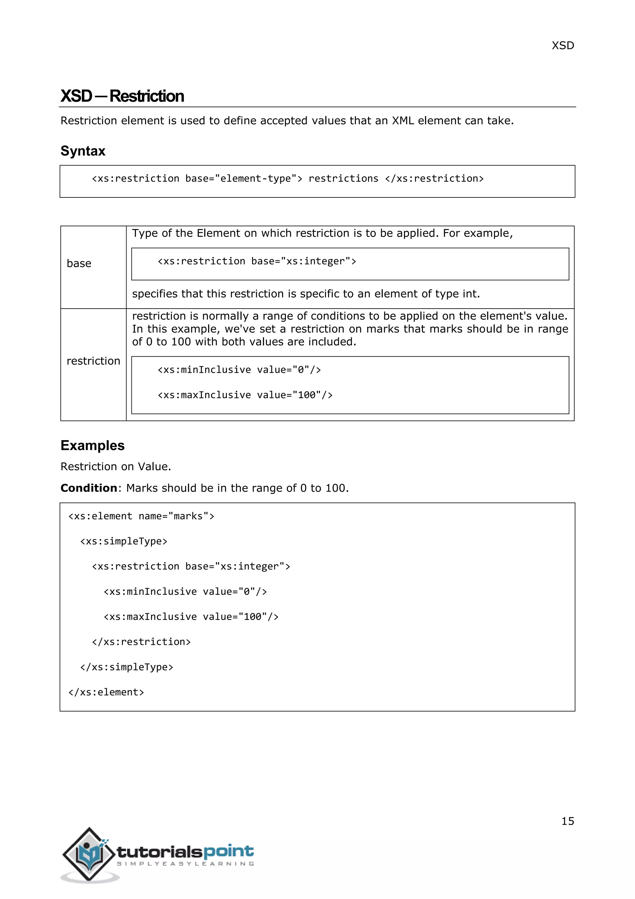 XSD
15
XSD─Restriction
Restriction element is used to define accepted values that an XML element can take.
Syntax
<xs:restriction base="element-type"> restrictions </xs:restriction>
base
Type of the Element on which restriction is to be applied. For example,
<xs:restriction base="xs:integer">
specifies that this restriction is specific to an element of type int.
restriction
restriction is normally a range of conditions to be applied on the element's value.
In this example, we've set a restriction on marks that marks should be in range
of 0 to 100 with both values are included.
<xs:minInclusive value="0"/>
<xs:maxInclusive value="100"/>
Examples
Restriction on Value.
Condition: Marks should be in the range of 0 to 100.
<xs:element name="marks">
<xs:simpleType>
<xs:restriction base="xs:integer">
<xs:minInclusive value="0"/>
<xs:maxInclusive value="100"/>
</xs:restriction>
</xs:simpleType>
</xs:element>
 