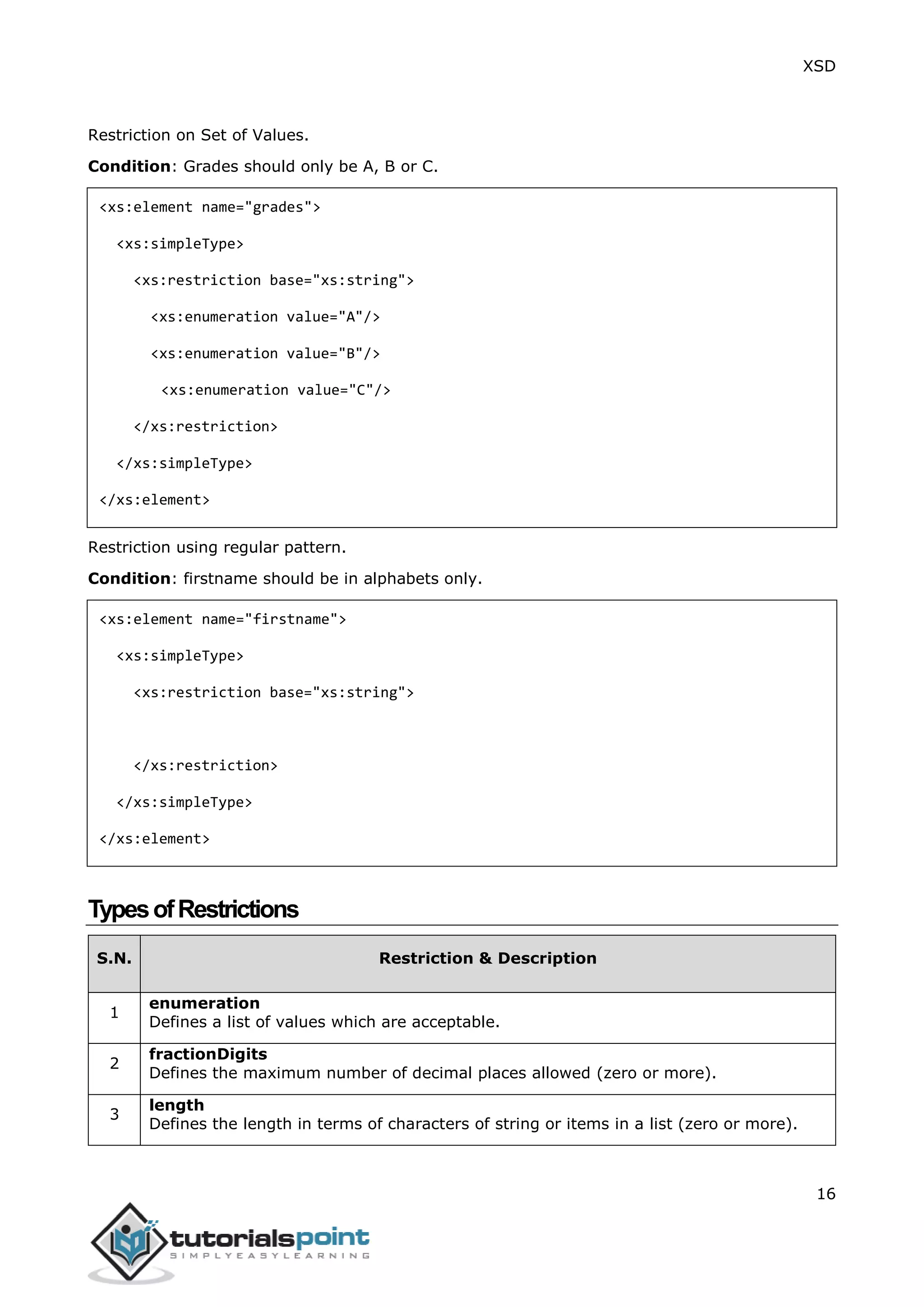 XSD
16
Restriction on Set of Values.
Condition: Grades should only be A, B or C.
<xs:element name="grades">
<xs:simpleType>
<xs:restriction base="xs:string">
<xs:enumeration value="A"/>
<xs:enumeration value="B"/>
<xs:enumeration value="C"/>
</xs:restriction>
</xs:simpleType>
</xs:element>
Restriction using regular pattern.
Condition: firstname should be in alphabets only.
<xs:element name="firstname">
<xs:simpleType>
<xs:restriction base="xs:string">
</xs:restriction>
</xs:simpleType>
</xs:element>
TypesofRestrictions
S.N. Restriction & Description
1
enumeration
Defines a list of values which are acceptable.
2
fractionDigits
Defines the maximum number of decimal places allowed (zero or more).
3
length
Defines the length in terms of characters of string or items in a list (zero or more).
 