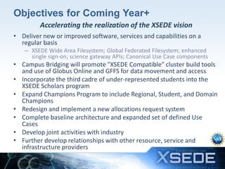Objectives for Coming Year+
Accelerating the realization of the XSEDE vision
• Deliver new or improved software, services and capabilities on a
regular basis
– XSEDE Wide Area Filesystem; Global Federated Filesystem; enhanced
single sign-on; science gateway APIs; Canonical Use Case components

• Campus Bridging will promote "XSEDE Compatible" cluster build tools
and use of Globus Online and GFFS for data movement and access
• Incorporate the third cadre of under-represented students into the
XSEDE Scholars program
• Expand Champions Program to include Regional, Student, and Domain
Champions
• Redesign and implement a new allocations request system
• Complete baseline architecture and expanded set of defined Use
Cases
• Develop joint activities with industry
• Further develop relationships with other resource, service and
infrastructure providers
16

 