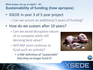 What keeps me up at night? - #3

Sustainability of funding (how apropos)

• XSEDE in year 3 of 5 year project
– Can we secure an additional 5 years of funding?

• How do we sustain after 10 years?
– Can we avoid disruptive nature
of re-compete while still
deriving best value?
– Will NSF even continue to
fund such an activity?
• Is NSF definition of “sustainable”
that they no longer fund it?
17

 
