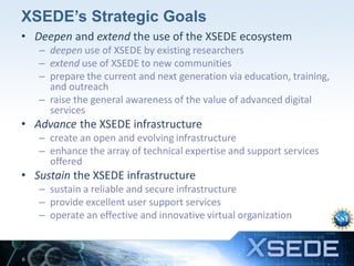 XSEDE’s Strategic Goals
• Deepen and extend the use of the XSEDE ecosystem
– deepen use of XSEDE by existing researchers
– extend use of XSEDE to new communities
– prepare the current and next generation via education, training,
and outreach
– raise the general awareness of the value of advanced digital
services

• Advance the XSEDE infrastructure
– create an open and evolving infrastructure
– enhance the array of technical expertise and support services
offered

• Sustain the XSEDE infrastructure
– sustain a reliable and secure infrastructure
– provide excellent user support services
– operate an effective and innovative virtual organization

6

 