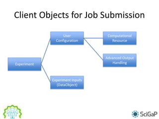 Client Objects for Job Submission
Experiment Inputs
(DataObject)
User
Configuration
Computational
Resource
Experiment
Advanced Output
Handling
 