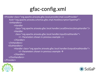 gfac-config.xml
<Provider class="org.apache.airavata.gfac.local.provider.impl.LocalProvider"
host="org.apache.airavata.schemas.gfac.impl.HostDescriptionTypeImpl”>
<InHandlers>
<Handler
class="org.apache.airavata.gfac.local.handler.LocalDirectorySetupHandler"/>
<Handler
class="org.apache.airavata.gfac.local.handler.InputEmailHandler">
<!– Parameters shown in previous example -->
</Handler>
</InHandlers>
<OutHandlers>
<Handler class="org.apache.airavata.gfac.local.handler.OutputEmailHandler">
<!– Parameters shown in previous example 
</Handler>
</OutHandlers>
</Provider>
 