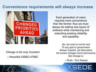 Convenience requirements will always increase
Each generation of users
requires more convenience
than the former: thus we must
always be adding new layers of
software while maintaining and
extending existing reliability
and capability.
Change is the only Constant
– Heraclitis 535BC-475BC
12
No, his mind is not for rent
To any god or government.
Always hopeful, yet discontent,
He knows changes aren't permanent,
But change is.
– Rush - Tom Sawyer
 