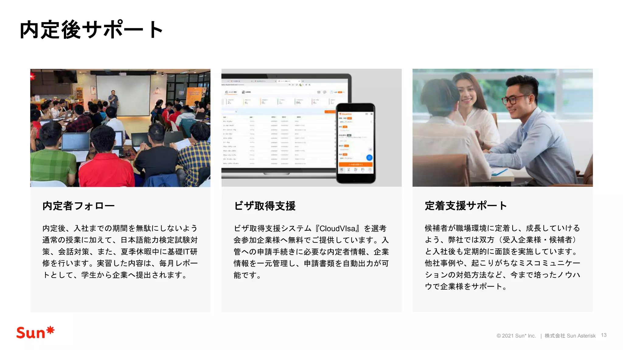 13
© 2021 Sun* Inc. | 株式会社 Sun Asterisk
内定後サポート
内定者フォロー
内定後、入社までの期間を無駄にしないよう
通常の授業に加えて、日本語能力検定試験対
策、会話対策、また、夏季休暇中に基礎IT研
修を行います。実習した内容は、毎月レポー
トとして、学生から企業へ提出されます。
ビザ取得支援
ビザ取得支援システム『CloudVIsa』を選考
会参加企業様へ無料でご提供しています。入
管への申請手続きに必要な内定者情報、企業
情報を一元管理し、申請書類を自動出力が可
能です。
定着支援サポート
候補者が職場環境に定着し、成長していける
よう、弊社では双方（受入企業様・候補者）
と入社後も定期的に面談を実施しています。
他社事例や、起こりがちなミスコミュニケー
ションの対処方法など、今まで培ったノウハ
ウで企業様をサポート。
 