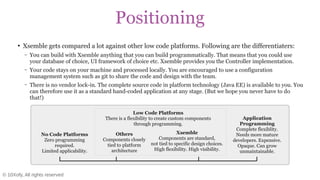 © 10Xofy, All rights reserved
Positioning
No Code Platforms
Zero programming
required.
Limited applicability.
Others
Components closely
tied to platform
architecture
Xsemble
Components are standard,
not tied to specific design choices.
High flexibility. High visibility.
Application
Programming
Complete flexiblity.
Needs more mature
developers. Expensive.
Opaque. Can grow
unmaintainable.
Low Code Platforms
There is a flexibility to create custom components
through programming.
●
Xsemble gets compared a lot against other low code platforms. Following are the differentiaters:
– You can build with Xsemble anything that you can build programmatically. That means that you could use
your database of choice, UI framework of choice etc. Xsemble provides you the Controller implementation.
– Your code stays on your machine and processed locally. You are encouraged to use a configuration
management system such as git to share the code and design with the team.
– There is no vendor lock-in. The complete source code in platform technology (Java EE) is available to you. You
can therefore use it as a standard hand-coded application at any stage. (But we hope you never have to do
that!)
 