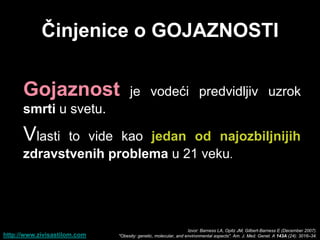 Ĉinjenice o GOJAZNOSTI


      Gojaznost                    je vodeći predvidljiv uzrok
      smrti u svetu.

      Vlasti to vide kao jedan od najozbiljnijih
      zdravstvenih problema u 21 veku.




                                                                 Izvor: Barness LA, Opitz JM, Gilbert-Barness E (December 2007).
http://www.zivisastilom.com   "Obesity: genetic, molecular, and environmental aspects". Am. J. Med. Genet. A 143A (24): 3016–34.
 