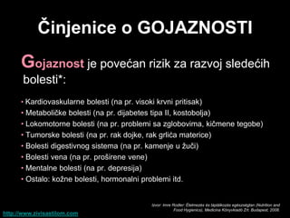 Ĉinjenice o GOJAZNOSTI
      Gojaznost je povećan rizik za razvoj sledećih
       bolesti*:
      • Kardiovaskularne bolesti (na pr. visoki krvni pritisak)
      • Metaboličke bolesti (na pr. dijabetes tipa II, kostobolja)
      • Lokomotorne bolesti (na pr. problemi sa zglobovima, kičmene tegobe)
      • Tumorske bolesti (na pr. rak dojke, rak grlića materice)
      • Bolesti digestivnog sistema (na pr. kamenje u žuči)
      • Bolesti vena (na pr. proširene vene)
      • Mentalne bolesti (na pr. depresija)
      • Ostalo: kožne bolesti, hormonalni problemi itd.


                                               Izvor: Imre Rodler: Élelmezés és táplálkozás egészségtan (Nutrition and
                                                            Food Hygienics), Medicina Könyvkiadó Zrt. Budapest, 2008.
http://www.zivisastilom.com
 