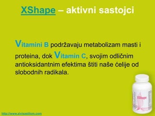 XShape – aktivni sastojci


         Vitamini B podržavaju metabolizam masti i
         proteina, dok Vitamin C, svojim odličnim
         antioksidantnim efektima štiti naše ćelije od
         slobodnih radikala.




http://www.zivisastilom.com
 