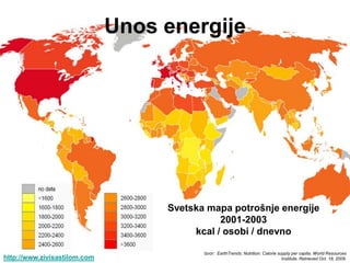 Unos energije




                                   Svetska mapa potrošnje energije
                                              2001-2003
                                        kcal / osobi / dnevno

                                          Izvor: EarthTrends: Nutrition: Calorie supply per capita. World Resources
http://www.zivisastilom.com                                                        Institute. Retrieved Oct. 18, 2009.
 