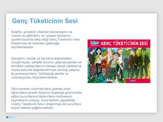 Xsights, gençlerin «tüketim davranışları» ve
«tutum ve eğilimleri» ve «yaşam tarzlarını»
quarter bazında takip ettiği Genç Tüketicinin Sesi
Araştırması ile markaları geleceğe
hazırlamaktadır.
Gençlerin; harçlık ve harcama alışkanlıkları,
sosyal hayatı, sahiplik durumu, gelecek planları ve
trendlere yaklaşımlarının detaylı olarak sektörel ve
marka bazında değerlendirmeye alındığı çalışma
ile jenerasyonların farklılaştığı alanlar ve
motivasyonları ölçümlenmektedir.
Okul kararları üzerinde etkisi giderek artan
öğrencilere yönelik iletişimin başladığı günümüzde
eğitim kurumlarının öğrencilerin motivasyon
kaynaklarını anlayıp, trend takibini yapabildiği
«Genç Tüketicinin Sesi» araştırması ile kurumlara
büyük katkılar sağlanmaktadır.
Genç Tüketicinin Sesi
 