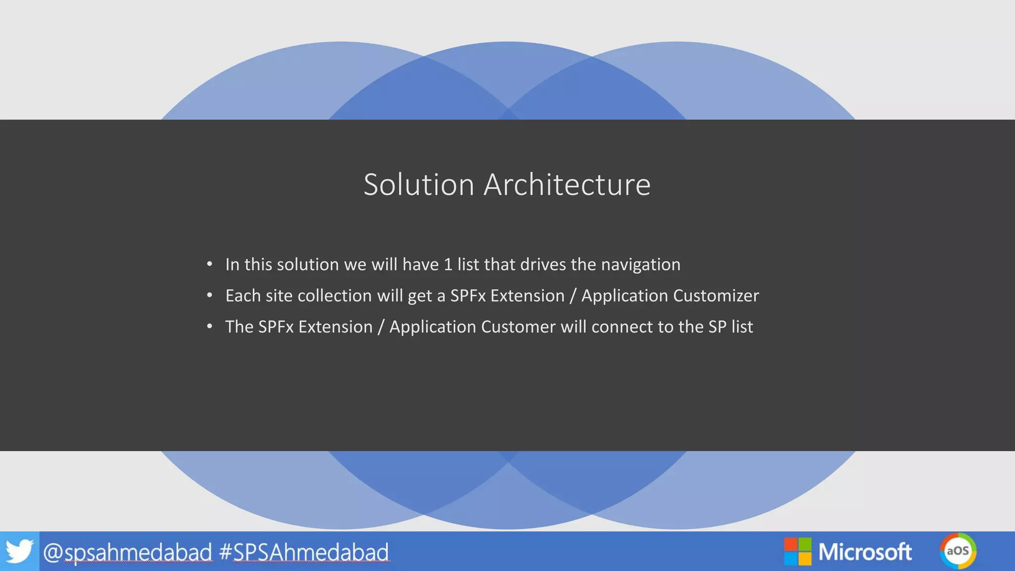 Solution Architecture
• In this solution we will have 1 list that drives the navigation
• Each site collection will get a SPFx Extension / Application Customizer
• The SPFx Extension / Application Customer will connect to the SP list
 