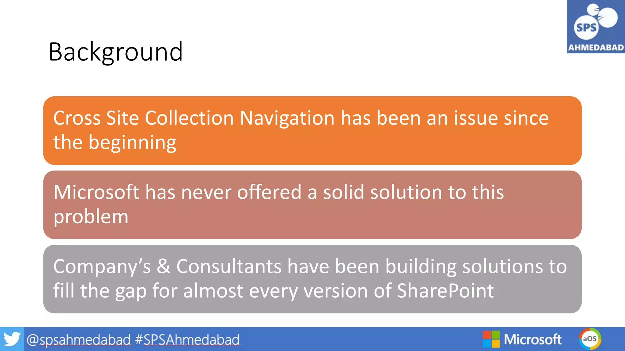 Background
Cross Site Collection Navigation has been an issue since
the beginning
Microsoft has never offered a solid solution to this
problem
Company’s & Consultants have been building solutions to
fill the gap for almost every version of SharePoint
 