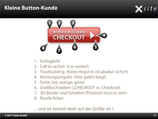 Kleine Button-Kunde




                    1.   Schlaglicht
                    2.   Call-to-action (Los weiter!)
                    3.   Trustbuilding (Keine Angst es ist absolut sicher!)
                    4.   Richtungsangabe (Hier geht‘s lang!)
                    5.   Farbe (rot, orange, grün)
                    6.   Großbuchstaben („CHECKOUT vs. Checkout)
                    7.   3D-Border und Schatten (Plastisch muss er sein)
                    8.   Runde Ecken

                    .. und es kommt doch auf die Größe an !
© 2011 Xsite GmbH                                                             11
 
