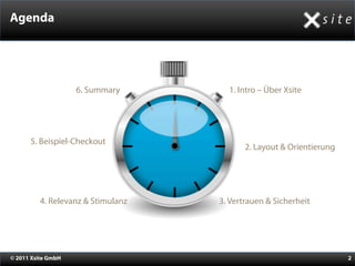 Agenda




                    6. Summary       1. Intro – Über Xsite




      5. Beispiel-Checkout
                                          2. Layout & Orientierung




         4. Relevanz & Stimulanz   3. Vertrauen & Sicherheit




© 2011 Xsite GmbH                                                    2
 
