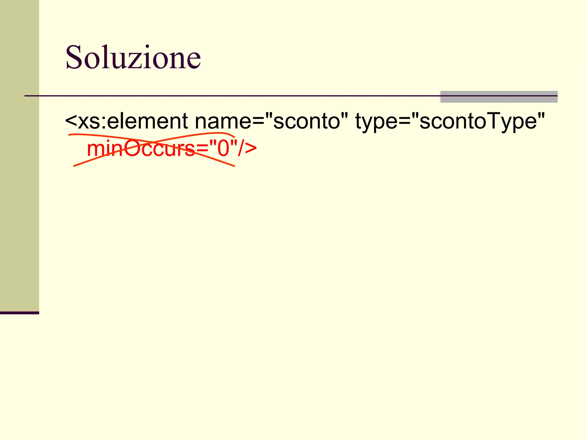 Soluzione
<xs:element name="sconto" type="scontoType"
  minOccurs="0"/>
 