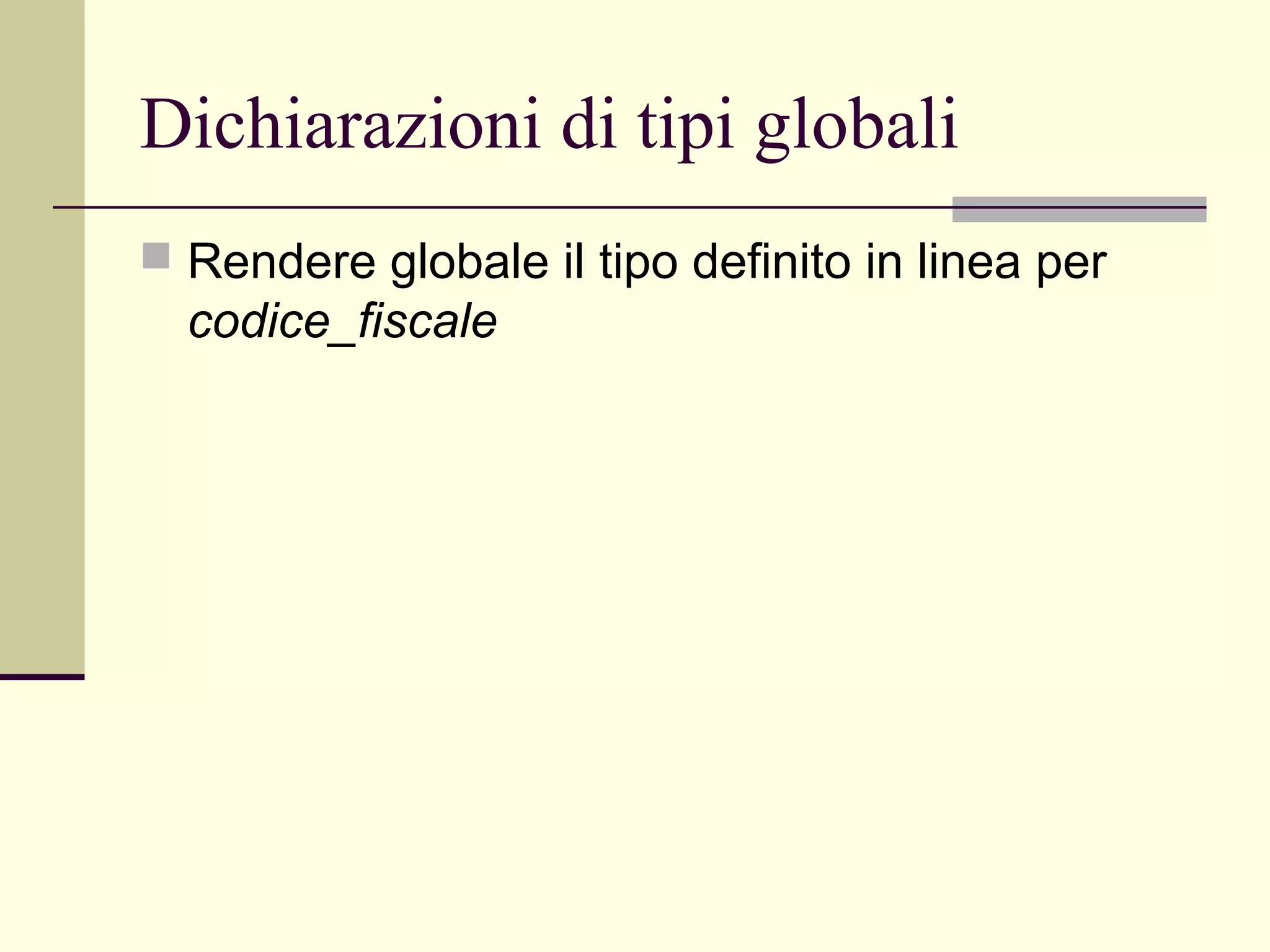 Dichiarazioni di tipi globali
 Rendere globale il tipo definito in linea per
  codice_fiscale
 