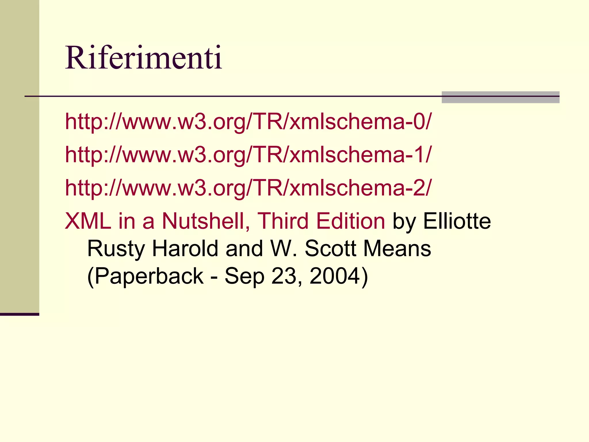 Riferimenti
http://www.w3.org/TR/xmlschema-0/
http://www.w3.org/TR/xmlschema-1/
http://www.w3.org/TR/xmlschema-2/
XML in a Nutshell, Third Edition by Elliotte
  Rusty Harold and W. Scott Means
  (Paperback - Sep 23, 2004)
 