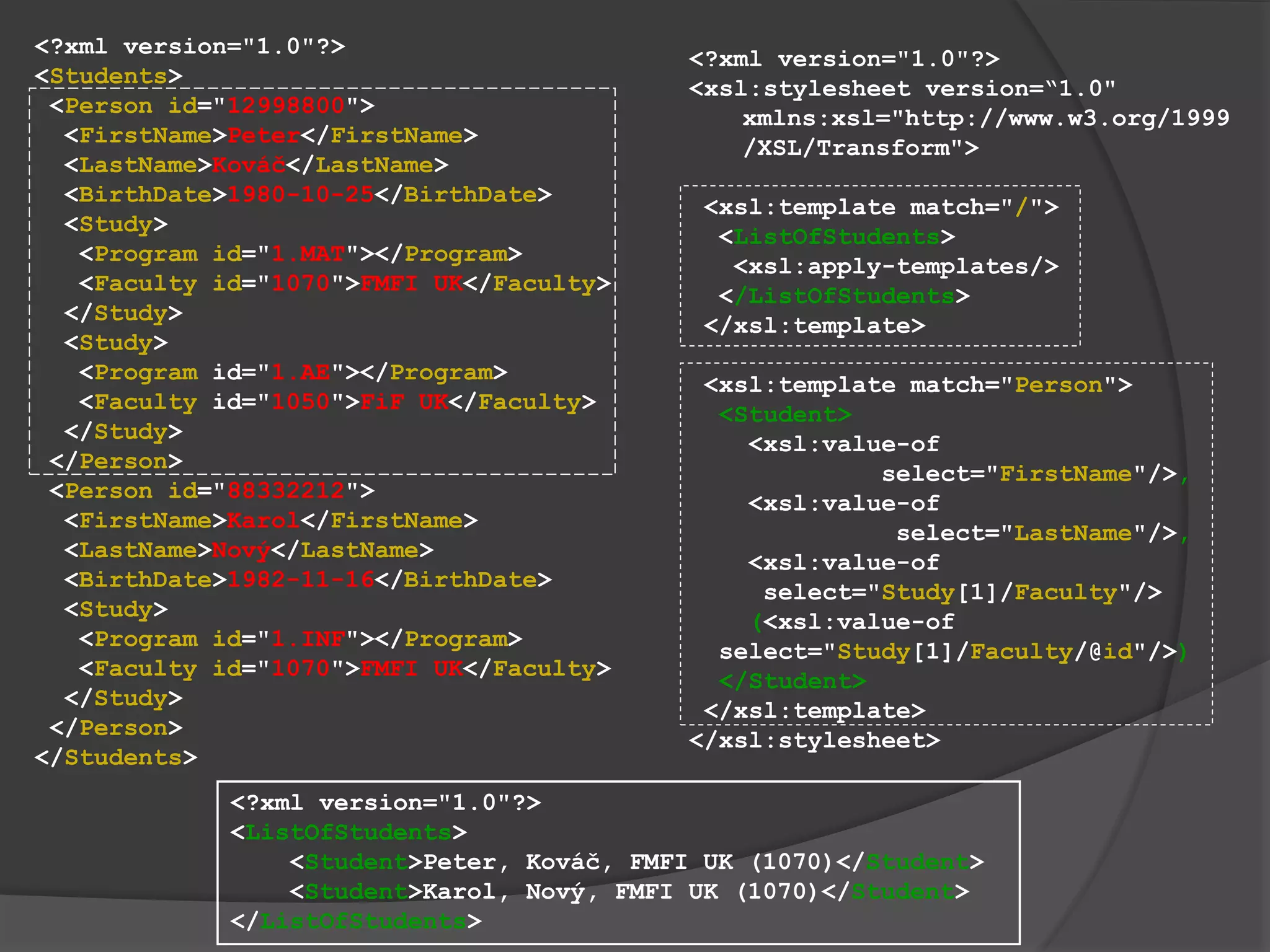 <?xml version="1.0"?>
<ListOfStudents>
<?xml version="1.0"?>
<Students>
<Person id="12998800">
<FirstName>Peter</FirstName>
<LastName>Kováč</LastName>
<BirthDate>1980-10-25</BirthDate>
<Study>
<Program id="1.MAT"></Program>
<Faculty id="1070">FMFI UK</Faculty>
</Study>
<Study>
<Program id="1.AE"></Program>
<Faculty id="1050">FiF UK</Faculty>
</Study>
</Person>
<Person id="88332212">
<FirstName>Karol</FirstName>
<LastName>Nový</LastName>
<BirthDate>1982-11-16</BirthDate>
<Study>
<Program id="1.INF"></Program>
<Faculty id="1070">FMFI UK</Faculty>
</Study>
</Person>
</Students>
<?xml version="1.0"?>
<xsl:stylesheet version=“1.0"
xmlns:xsl="http://www.w3.org/1999
/XSL/Transform">
<xsl:template match="/">
<ListOfStudents>
<xsl:apply-templates/>
</ListOfStudents>
</xsl:template>
<xsl:template match="Person">
<Student>
<xsl:value-of
select="FirstName"/>,
<xsl:value-of
select="LastName"/>,
<xsl:value-of
select="Study[1]/Faculty"/>
(<xsl:value-of
select="Study[1]/Faculty/@id"/>)
</Student>
</xsl:template>
</xsl:stylesheet>
<?xml version="1.0"?>
<ListOfStudents>
<Student>Peter, Kováč, FMFI UK (1070)</Student>
<Student>Karol, Nový, FMFI UK (1070)</Student>
</ListOfStudents>
 