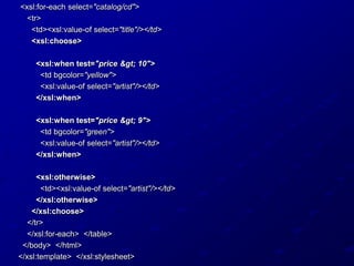 <xsl:for-each select="catalog/cd">
<tr>
<td><xsl:value-of select="title"/></td>
<xsl:choose>
<xsl:when test="price > 10">
<td bgcolor="yellow">
<xsl:value-of select="artist"/></td>
</xsl:when>
<xsl:when test="price > 9">
<td bgcolor="green">
<xsl:value-of select="artist"/></td>
</xsl:when>
<xsl:otherwise>
<td><xsl:value-of select="artist"/></td>
</xsl:otherwise>
</xsl:choose>
</tr>
</xsl:for-each> </table>
</body> </html>
</xsl:template> </xsl:stylesheet>

 