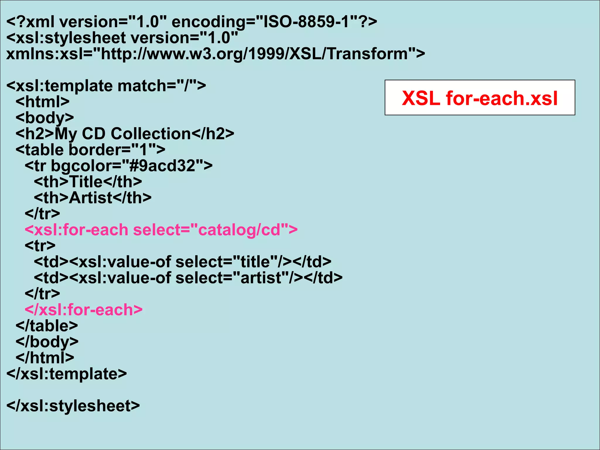 <?xml version="1.0" encoding="ISO-8859-1"?>
<xsl:stylesheet version="1.0"
xmlns:xsl="http://www.w3.org/1999/XSL/Transform">
<xsl:template match="/">
<html>
<body>
<h2>My CD Collection</h2>
<table border="1">
<tr bgcolor="#9acd32">
<th>Title</th>
<th>Artist</th>
</tr>
<xsl:for-each select="catalog/cd">
<tr>
<td><xsl:value-of select="title"/></td>
<td><xsl:value-of select="artist"/></td>
</tr>
</xsl:for-each>
</table>
</body>
</html>
</xsl:template>
</xsl:stylesheet>
XSL for-each.xsl
 