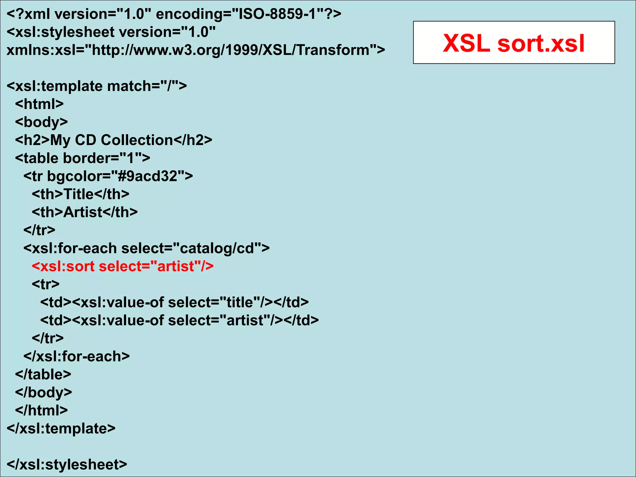 <?xml version="1.0" encoding="ISO-8859-1"?>
<xsl:stylesheet version="1.0"
xmlns:xsl="http://www.w3.org/1999/XSL/Transform">
<xsl:template match="/">
<html>
<body>
<h2>My CD Collection</h2>
<table border="1">
<tr bgcolor="#9acd32">
<th>Title</th>
<th>Artist</th>
</tr>
<xsl:for-each select="catalog/cd">
<xsl:sort select="artist"/>
<tr>
<td><xsl:value-of select="title"/></td>
<td><xsl:value-of select="artist"/></td>
</tr>
</xsl:for-each>
</table>
</body>
</html>
</xsl:template>
</xsl:stylesheet>
XSL sort.xsl
 