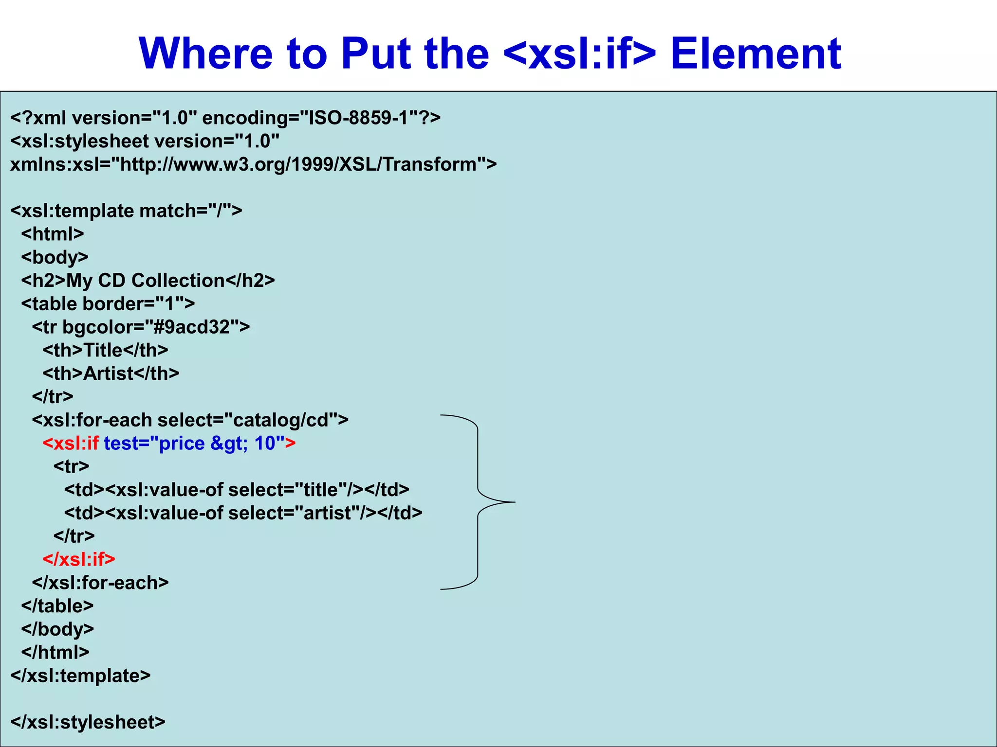 Where to Put the <xsl:if> Element
<?xml version="1.0" encoding="ISO-8859-1"?>
<xsl:stylesheet version="1.0"
xmlns:xsl="http://www.w3.org/1999/XSL/Transform">
<xsl:template match="/">
<html>
<body>
<h2>My CD Collection</h2>
<table border="1">
<tr bgcolor="#9acd32">
<th>Title</th>
<th>Artist</th>
</tr>
<xsl:for-each select="catalog/cd">
<xsl:if test="price &gt; 10">
<tr>
<td><xsl:value-of select="title"/></td>
<td><xsl:value-of select="artist"/></td>
</tr>
</xsl:if>
</xsl:for-each>
</table>
</body>
</html>
</xsl:template>
</xsl:stylesheet>
 