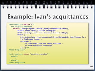 Example: Ivan’s acquittances
  <xsl:template match=quot;/quot;>
    <xsl:apply-templates
      select=quot;sparql:sparql(c...