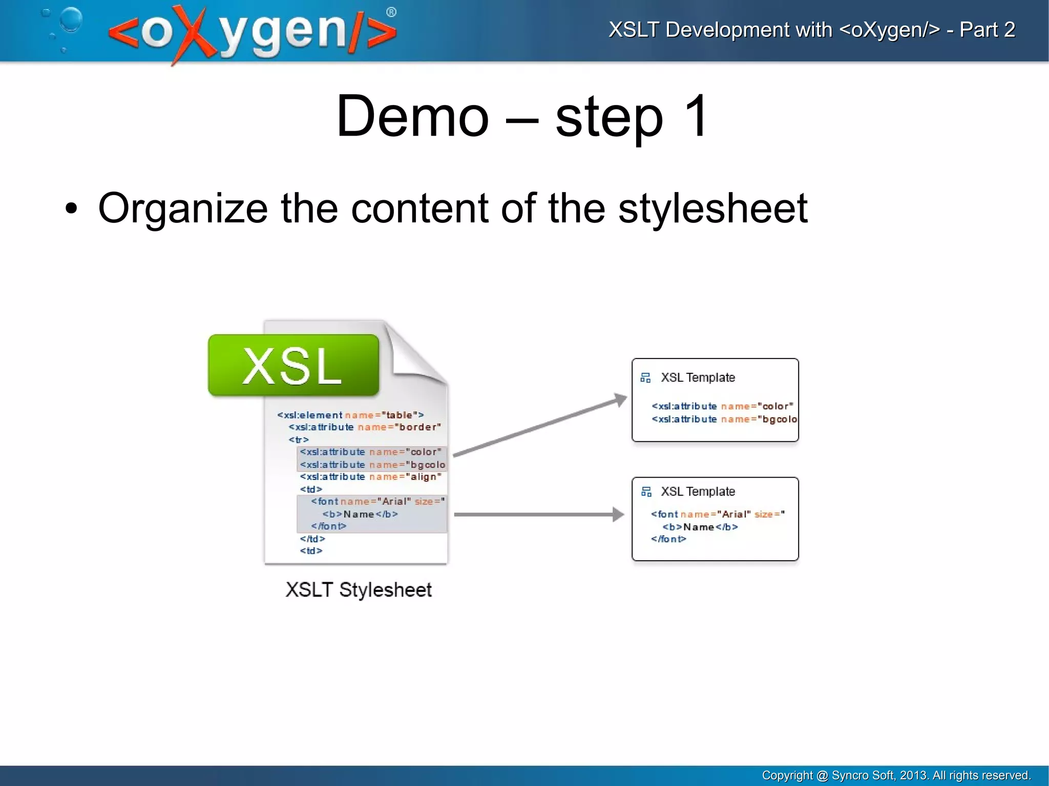 Copyright @ Syncro Soft, 2013. All rights reserved.Copyright @ Syncro Soft, 2013. All rights reserved.
XSLT Development with <oXygen/> - Part 2XSLT Development with <oXygen/> - Part 2
Demo – step 1
● Organize the content of the stylesheet
 