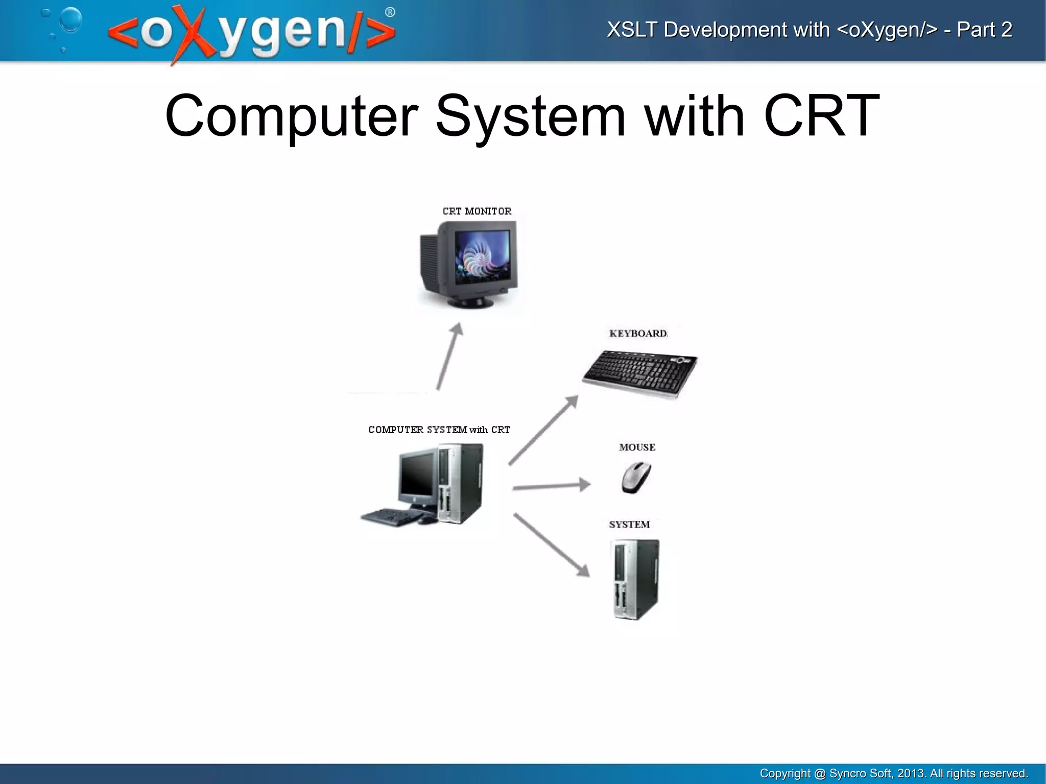 Copyright @ Syncro Soft, 2013. All rights reserved.Copyright @ Syncro Soft, 2013. All rights reserved.
XSLT Development with <oXygen/> - Part 2XSLT Development with <oXygen/> - Part 2
Computer System with CRT
 