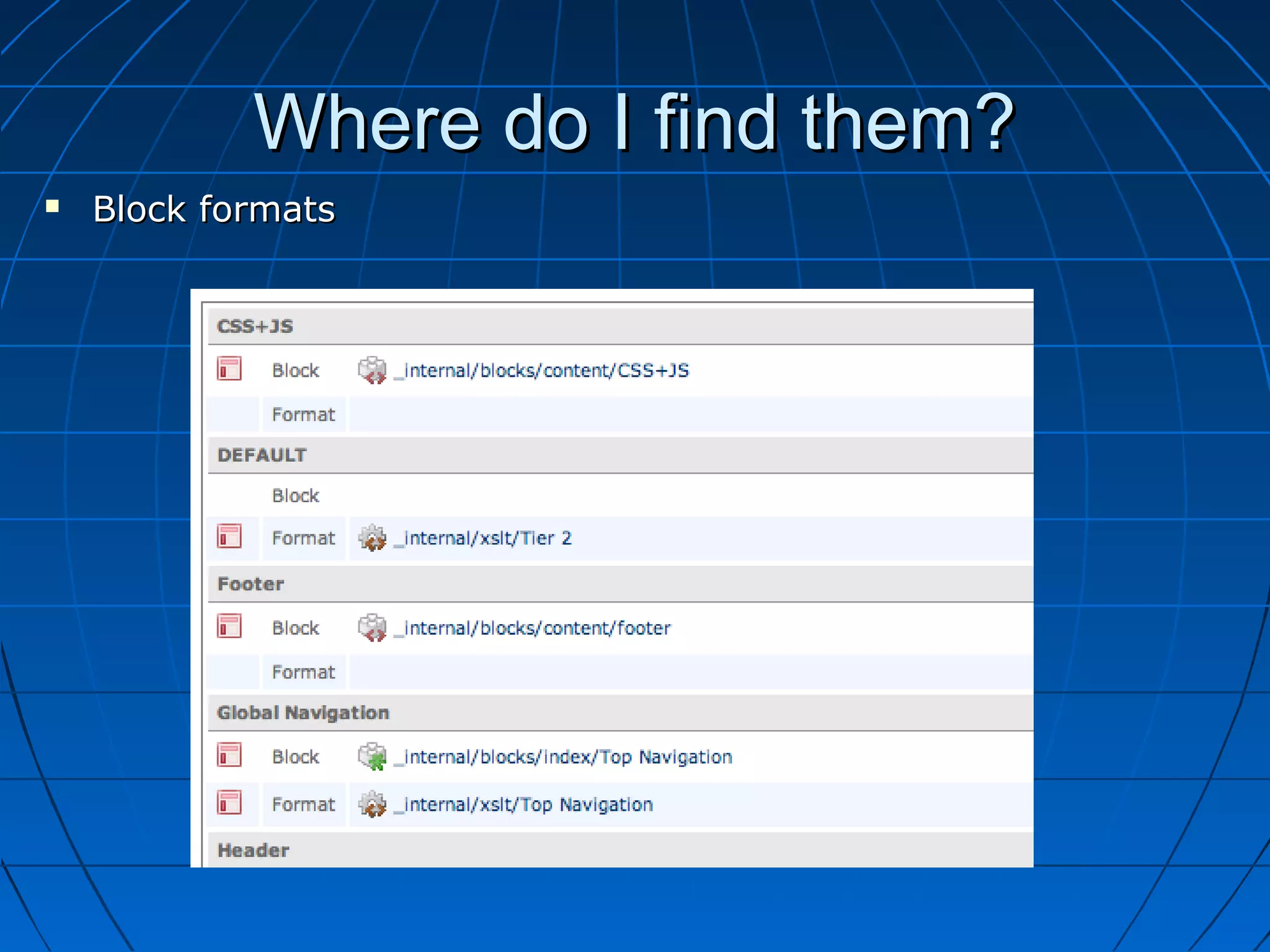 Where do I find them?
   Block formats
 