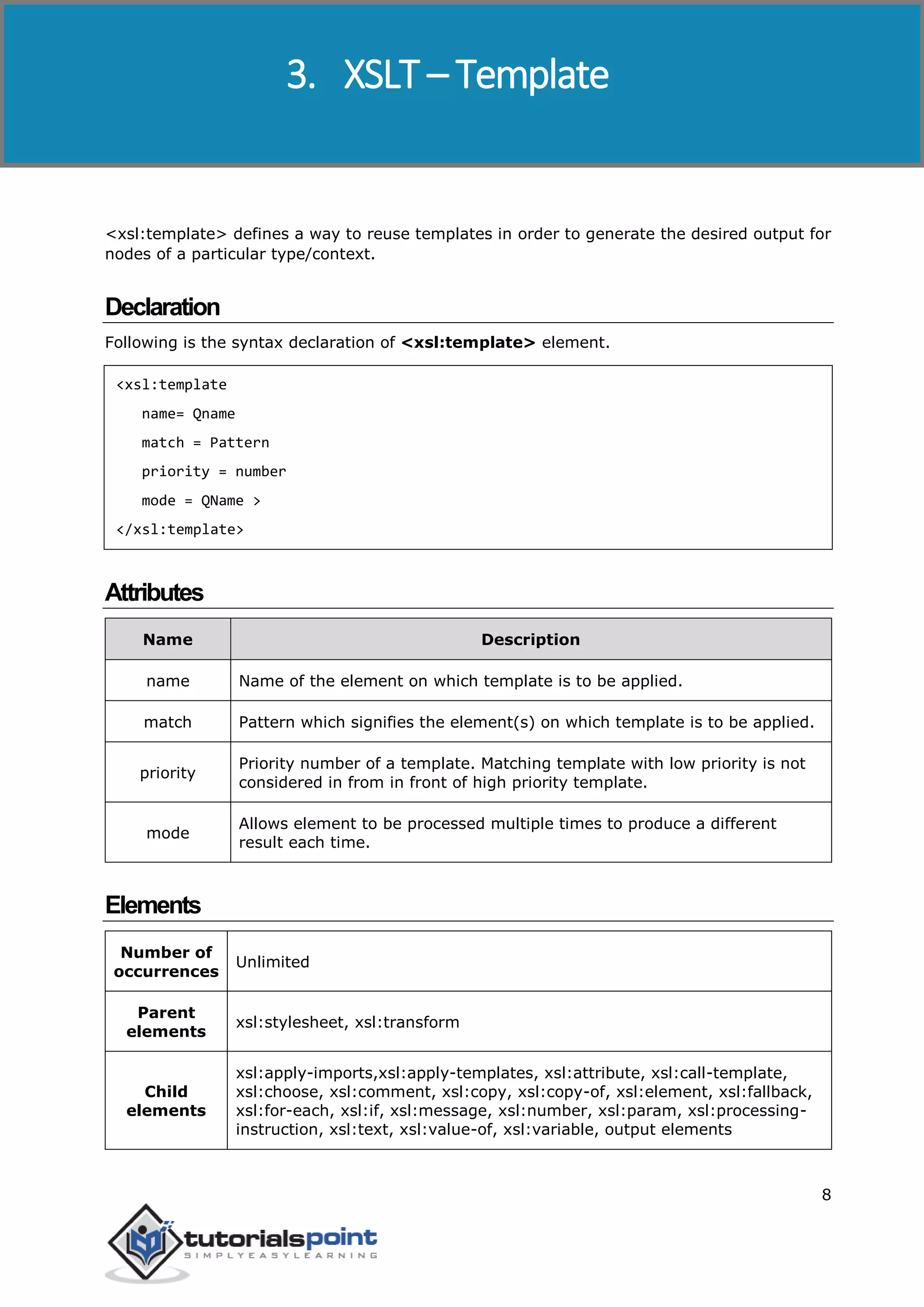 XSLT
8
<xsl:template> defines a way to reuse templates in order to generate the desired output for
nodes of a particular type/context.
Declaration
Following is the syntax declaration of <xsl:template> element.
<xsl:template
name= Qname
match = Pattern
priority = number
mode = QName >
</xsl:template>
Attributes
Name Description
name Name of the element on which template is to be applied.
match Pattern which signifies the element(s) on which template is to be applied.
priority
Priority number of a template. Matching template with low priority is not
considered in from in front of high priority template.
mode
Allows element to be processed multiple times to produce a different
result each time.
Elements
Number of
occurrences
Unlimited
Parent
elements
xsl:stylesheet, xsl:transform
Child
elements
xsl:apply-imports,xsl:apply-templates, xsl:attribute, xsl:call-template,
xsl:choose, xsl:comment, xsl:copy, xsl:copy-of, xsl:element, xsl:fallback,
xsl:for-each, xsl:if, xsl:message, xsl:number, xsl:param, xsl:processing-
instruction, xsl:text, xsl:value-of, xsl:variable, output elements
3. XSLT – Template
 