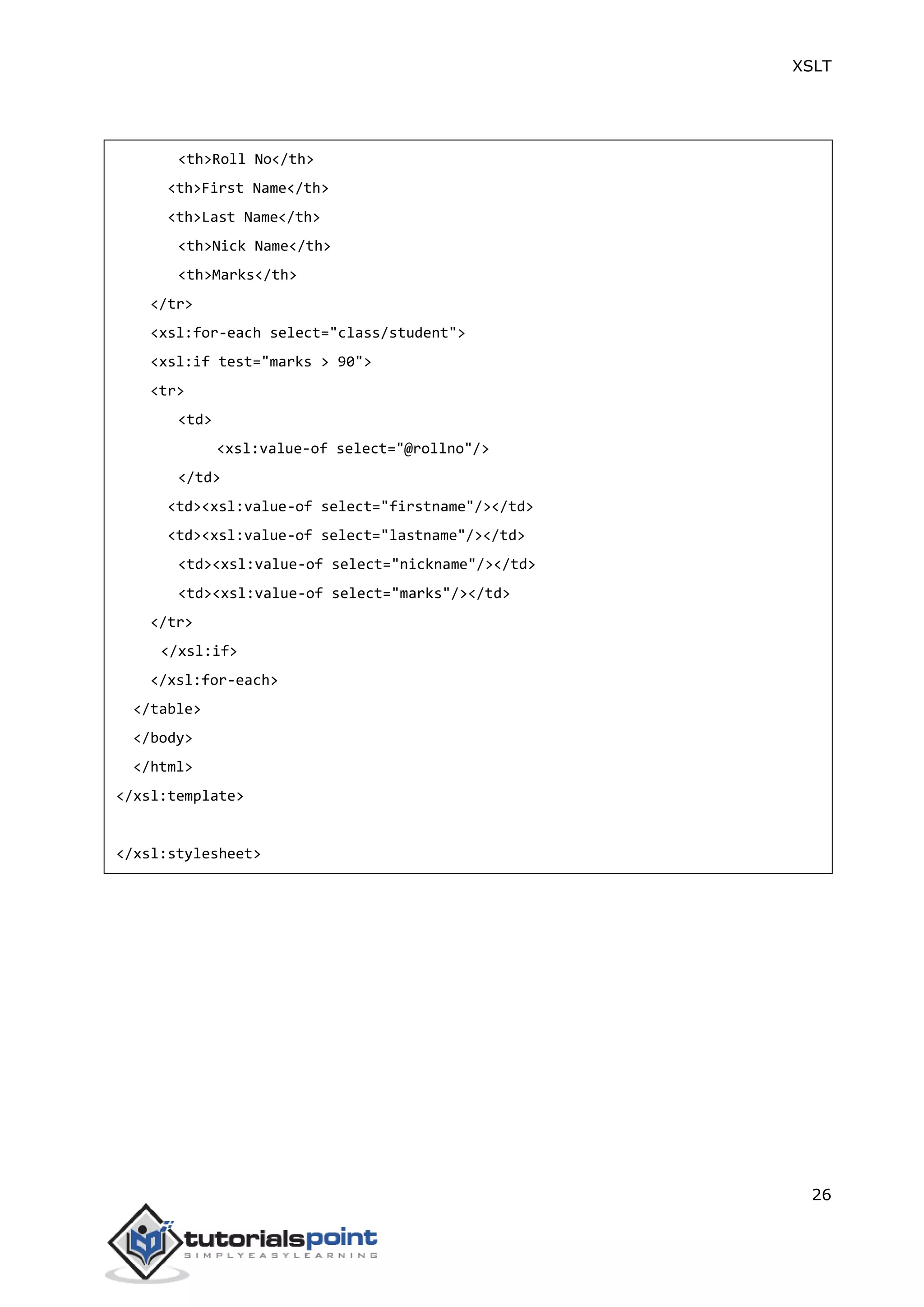 XSLT
26
<th>Roll No</th>
<th>First Name</th>
<th>Last Name</th>
<th>Nick Name</th>
<th>Marks</th>
</tr>
<xsl:for-each select="class/student">
<xsl:if test="marks > 90">
<tr>
<td>
<xsl:value-of select="@rollno"/>
</td>
<td><xsl:value-of select="firstname"/></td>
<td><xsl:value-of select="lastname"/></td>
<td><xsl:value-of select="nickname"/></td>
<td><xsl:value-of select="marks"/></td>
</tr>
</xsl:if>
</xsl:for-each>
</table>
</body>
</html>
</xsl:template>
</xsl:stylesheet>
 