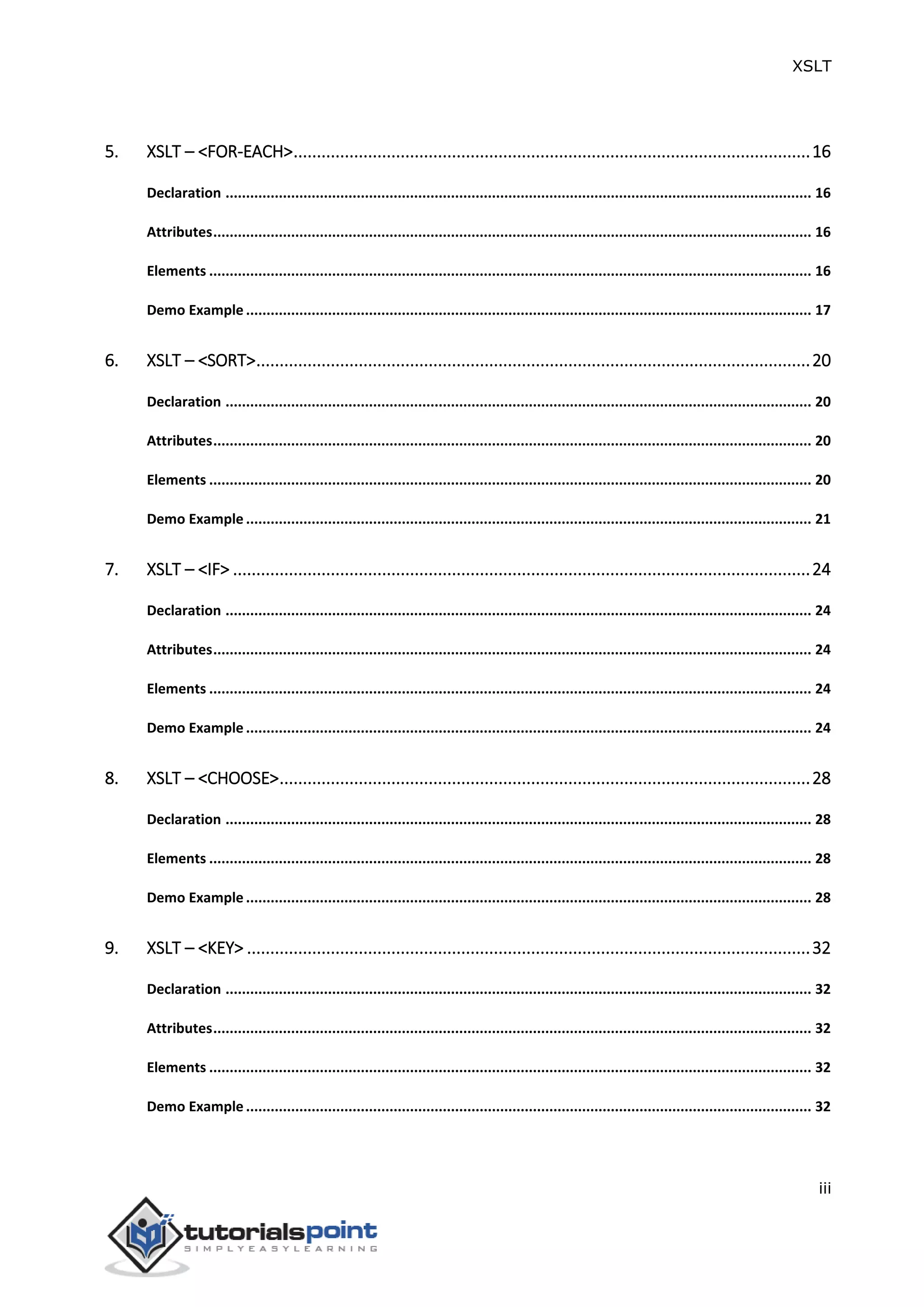 XSLT
iii
5. XSLT – <FOR-EACH>...............................................................................................................16
Declaration ............................................................................................................................................... 16
Attributes.................................................................................................................................................. 16
Elements ................................................................................................................................................... 16
Demo Example .......................................................................................................................................... 17
6. XSLT – <SORT>.......................................................................................................................20
Declaration ............................................................................................................................................... 20
Attributes.................................................................................................................................................. 20
Elements ................................................................................................................................................... 20
Demo Example .......................................................................................................................................... 21
7. XSLT – <IF> ............................................................................................................................24
Declaration ............................................................................................................................................... 24
Attributes.................................................................................................................................................. 24
Elements ................................................................................................................................................... 24
Demo Example .......................................................................................................................................... 24
8. XSLT – <CHOOSE>..................................................................................................................28
Declaration ............................................................................................................................................... 28
Elements ................................................................................................................................................... 28
Demo Example .......................................................................................................................................... 28
9. XSLT – <KEY> .........................................................................................................................32
Declaration ............................................................................................................................................... 32
Attributes.................................................................................................................................................. 32
Elements ................................................................................................................................................... 32
Demo Example .......................................................................................................................................... 32
 