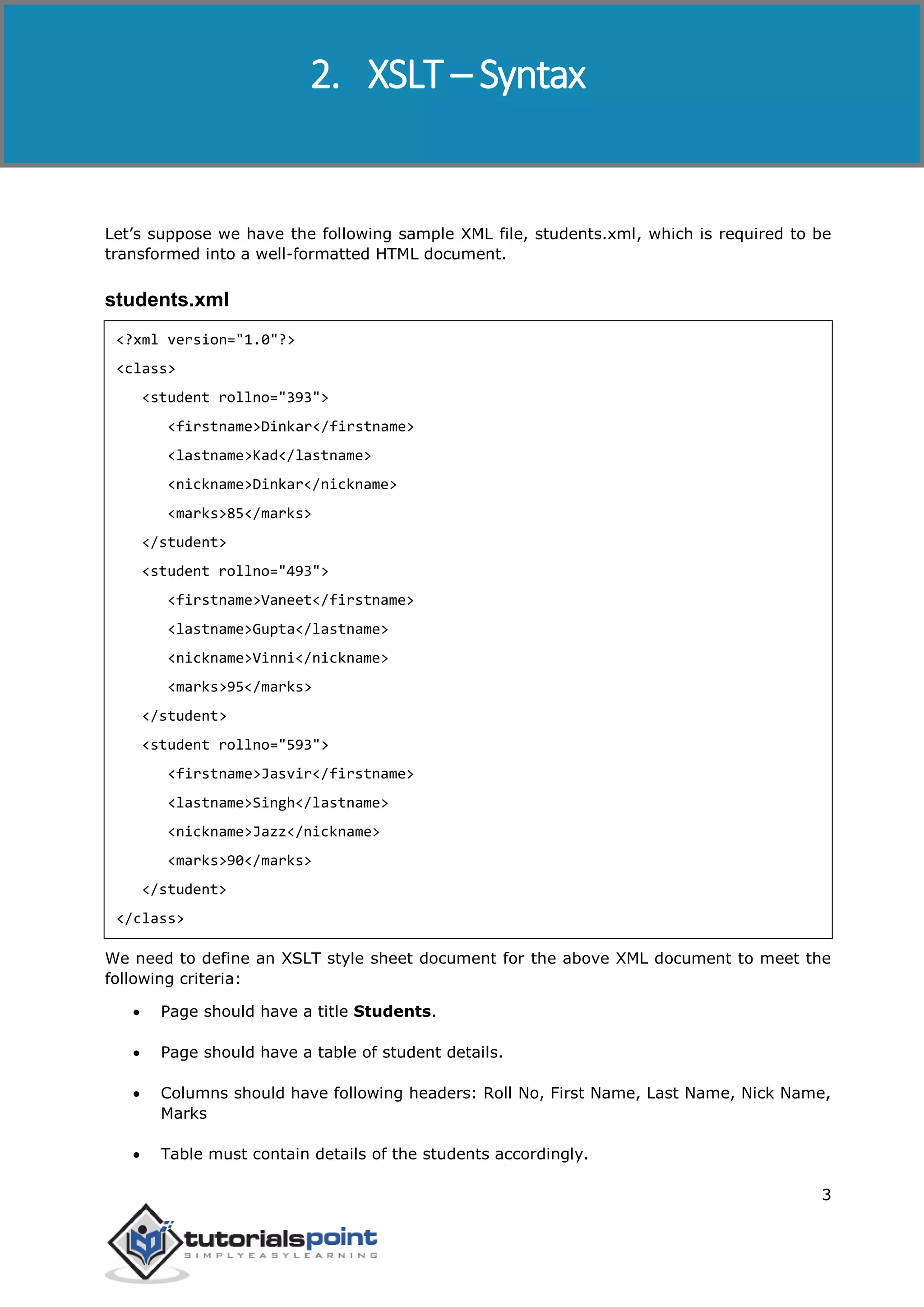XSLT
3
Let’s suppose we have the following sample XML file, students.xml, which is required to be
transformed into a well-formatted HTML document.
students.xml
<?xml version="1.0"?>
<class>
<student rollno="393">
<firstname>Dinkar</firstname>
<lastname>Kad</lastname>
<nickname>Dinkar</nickname>
<marks>85</marks>
</student>
<student rollno="493">
<firstname>Vaneet</firstname>
<lastname>Gupta</lastname>
<nickname>Vinni</nickname>
<marks>95</marks>
</student>
<student rollno="593">
<firstname>Jasvir</firstname>
<lastname>Singh</lastname>
<nickname>Jazz</nickname>
<marks>90</marks>
</student>
</class>
We need to define an XSLT style sheet document for the above XML document to meet the
following criteria:
 Page should have a title Students.
 Page should have a table of student details.
 Columns should have following headers: Roll No, First Name, Last Name, Nick Name,
Marks
 Table must contain details of the students accordingly.
2. XSLT – Syntax
 