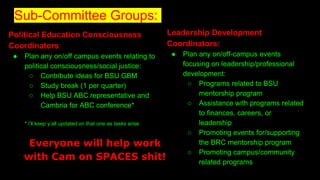 Sub-Committee Groups:
Political Education Consciousness
Coordinators:
● Plan any on/off campus events relating to
political consciousness/social justice:
○ Contribute ideas for BSU GBM
○ Study break (1 per quarter)
○ Help BSU ABC representative and
Cambria for ABC conference*
* i’ll keep y’all updated on that one as tasks arise
Leadership Development
Coordinators:
● Plan any on/off-campus events
focusing on leadership/professional
development:
○ Programs related to BSU
mentorship program
○ Assistance with programs related
to finances, careers, or
leadership
○ Promoting events for/supporting
the BRC mentorship program
○ Promoting campus/community
related programs
Everyone will help work
with Cam on SPACES shit!
 