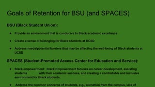 Goals of Retention for BSU (and SPACES)
BSU (Black Student Union):
★ Provide an environment that is conducive to Black academic excellence
★ Create a sense of belonging for Black students at UCSD
★ Address needs/potential barriers that may be affecting the well-being of Black students at
UCSD
SPACES (Student-Promoted Access Center for Education and Service):
★ Black empowerment: Black Empowerment focuses on career development, assisting
students with their academic success, and creating a comfortable and inclusive
environment for Black students.
★ Address the common concerns of students, e.g., alienation from the campus, lack of
 