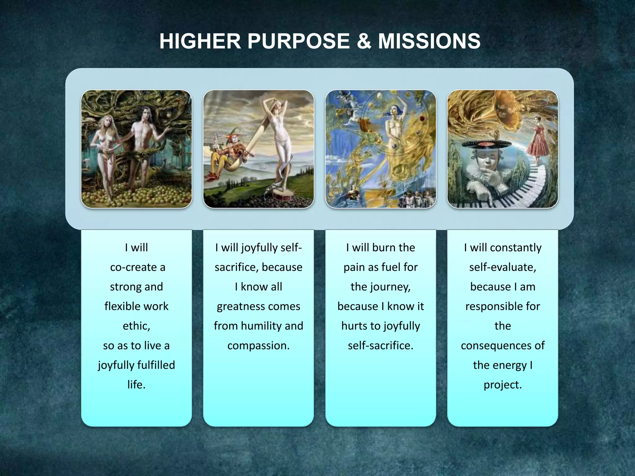 I will
co-create a
strong and
flexible work
ethic,
so as to live a
joyfully fulfilled
life.
I will joyfully self-
sacrifice, because
I know all
greatness comes
from humility and
compassion.
I will burn the
pain as fuel for
the journey,
because I know it
hurts to joyfully
self-sacrifice.
I will constantly
self-evaluate,
because I am
responsible for
the
consequences of
the energy I
project.
HIGHER PURPOSE & MISSIONS
 
