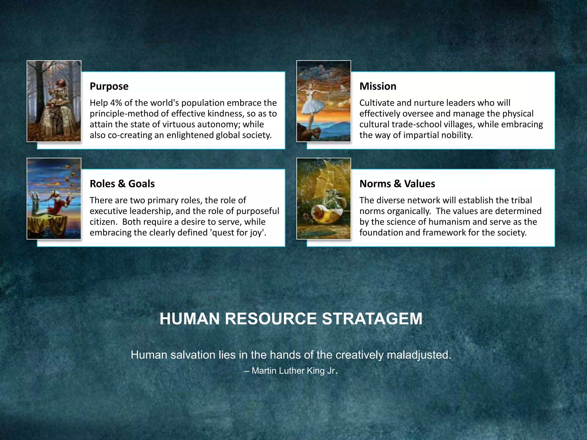 HUMAN RESOURCE STRATAGEM
Human salvation lies in the hands of the creatively maladjusted.
– Martin Luther King Jr.
Purpose
Help 4% of the world's population embrace the
principle-method of effective kindness, so as to
attain the state of virtuous autonomy; while
also co-creating an enlightened global society.
Mission
Cultivate and nurture leaders who will
effectively oversee and manage the physical
cultural trade-school villages, while embracing
the way of impartial nobility.
Roles & Goals
There are two primary roles, the role of
executive leadership, and the role of purposeful
citizen. Both require a desire to serve, while
embracing the clearly defined 'quest for joy'.
Norms & Values
The diverse network will establish the tribal
norms organically. The values are determined
by the science of humanism and serve as the
foundation and framework for the society.
 