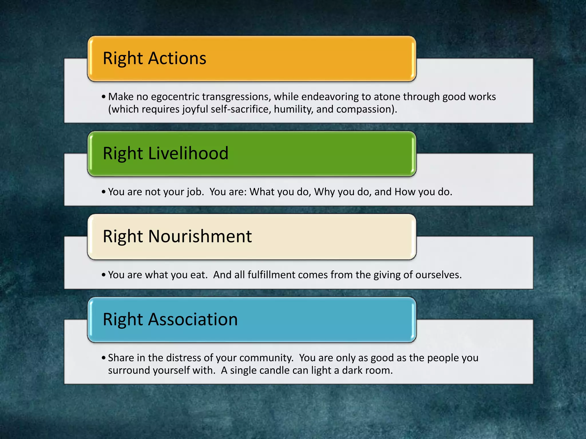 •Make no egocentric transgressions, while endeavoring to atone through good works
(which requires joyful self-sacrifice, humility, and compassion).
Right Actions
•You are not your job. You are: What you do, Why you do, and How you do.
Right Livelihood
•You are what you eat. And all fulfillment comes from the giving of ourselves.
Right Nourishment
•Share in the distress of your community. You are only as good as the people you
surround yourself with. A single candle can light a dark room.
Right Association
 