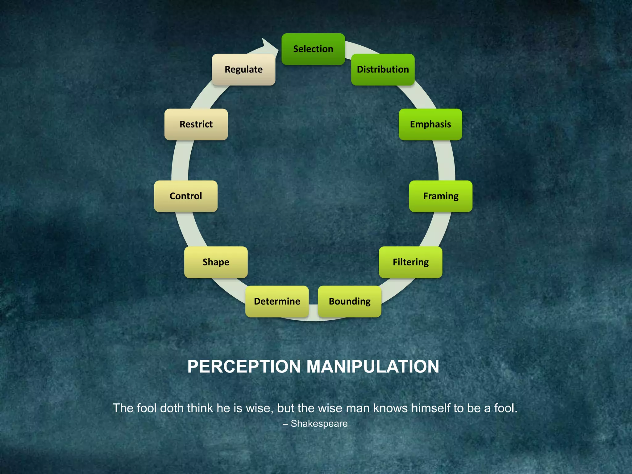 PERCEPTION MANIPULATION
The fool doth think he is wise, but the wise man knows himself to be a fool.
– Shakespeare
Selection
Distribution
Emphasis
Framing
Filtering
BoundingDetermine
Shape
Control
Restrict
Regulate
 