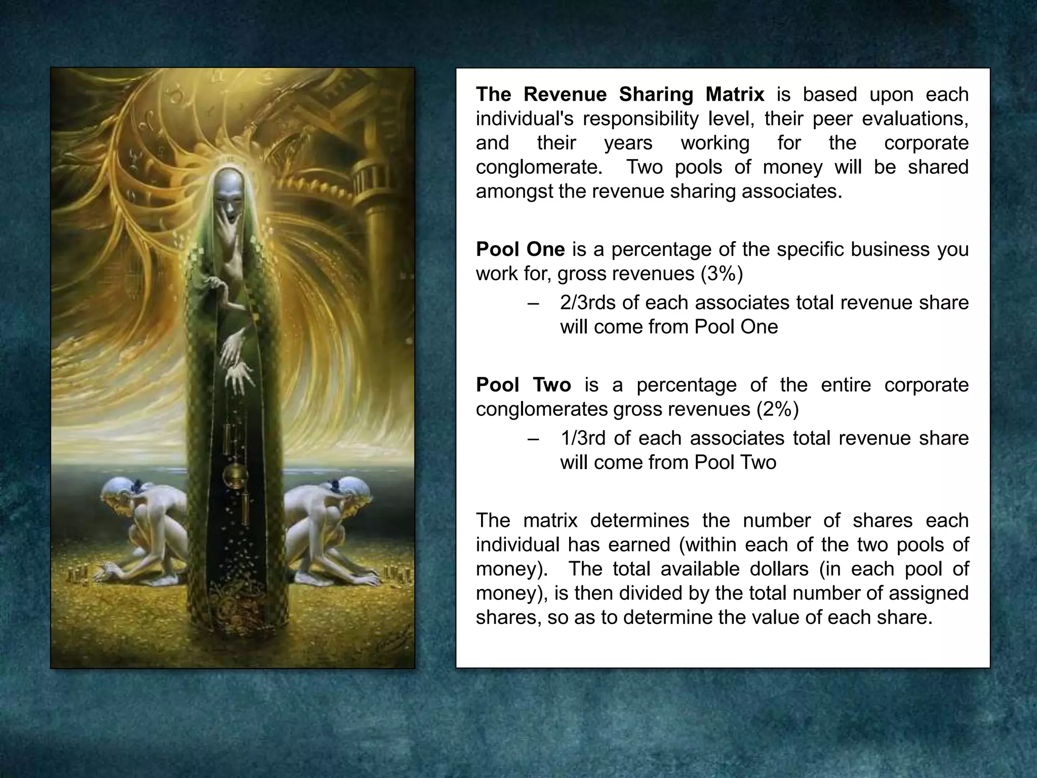 The Revenue Sharing Matrix is based upon each
individual's responsibility level, their peer evaluations,
and their years working for the corporate
conglomerate. Two pools of money will be shared
amongst the revenue sharing associates.
Pool One is a percentage of the specific business you
work for, gross revenues (3%)
– 2/3rds of each associates total revenue share
will come from Pool One
Pool Two is a percentage of the entire corporate
conglomerates gross revenues (2%)
– 1/3rd of each associates total revenue share
will come from Pool Two
The matrix determines the number of shares each
individual has earned (within each of the two pools of
money). The total available dollars (in each pool of
money), is then divided by the total number of assigned
shares, so as to determine the value of each share.
 