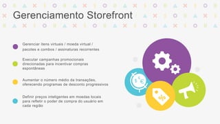 Gerenciamento Storefront 
Gerenciar itens virtuais / moeda virtual / 
pacotes e combos / assinaturas recorrentes 
Executar campanhas promocionais 
direcionadas para incentivar compras 
espontâneas 
Aumentar o número médio da transações, 
oferecendo programas de desconto progressivos 
Definir preços inteligentes em moedas locais 
para refletir o poder de compra do usuário em 
cada região 
 