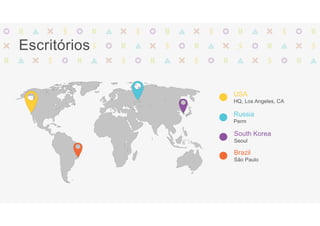 Escritórios
South Korea
Seoul
Brazil
São Paulo
USA
HQ, Los Angeles, CA
Russia
Perm
 