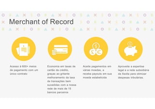 Merchant of Record
Acesso à 600+ meios
de pagamento com um
único contrato
Economia em taxas de
cartão de crédito,
graças ao gritante
melhoramento da taxa
de transações bem
sucedidas com a nossa
rede de mais de 15
bancos parceiros
Aceite pagamentos em
várias moedas, e
receba payouts em sua
moeda estabelicida
Aproveite a espertise
legal e a rede subsidiária
da Xsolla para otimizar
despesas tributárias.
 
