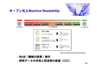 オープン化とMachine Readability
•MtoM（機械が読者）時代
•研究データの共有と利活用の促進（CC0）
http://creativecommons.jp/licenses/
41
 