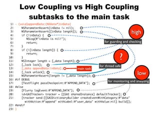 Low Coupling vs High Coupling
subtasks to the main task
1| - (void)appendData:(NSData*)inData{
2|
NSParameterAssert(inData...