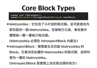 Core Block Types
typedef void (^Matryoshka)();
typedef Matryoshka (^IntrospectBlock)(Matryoshka innerBlock);

• Matryoshka...